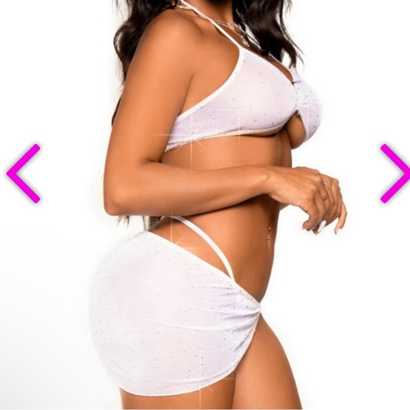 White Rhinestone Mesh Bra, G-String & Sarong medium leg avenue new lingerie set - Picture 3 of 4